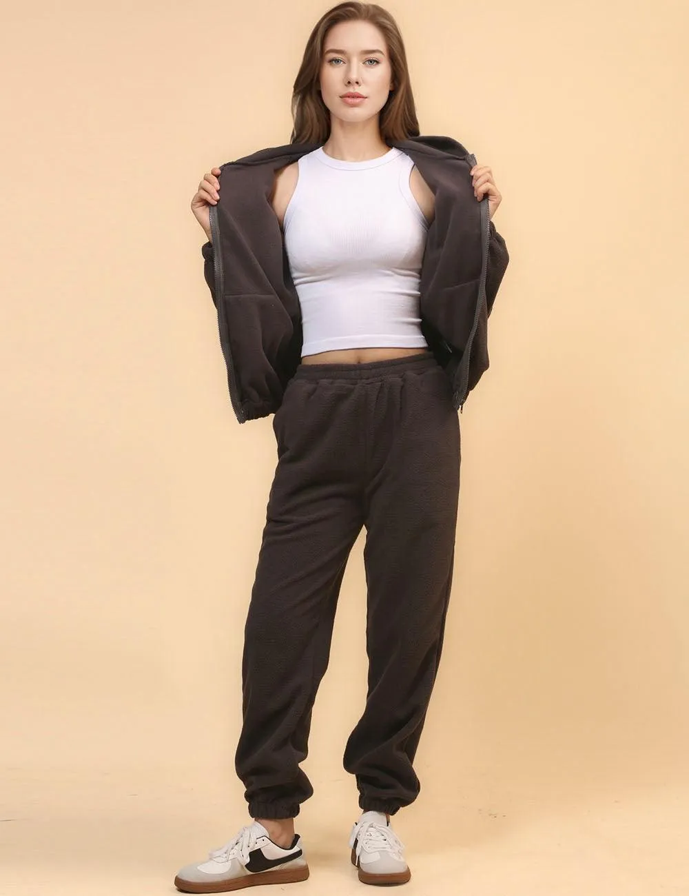 Ladies Fleece Hoodie Top and Pants Set SKST4707