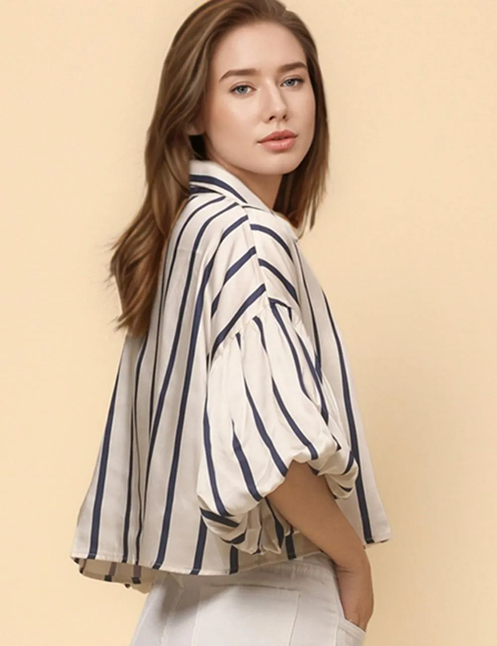 Ladies Lantern Sleeve Striped Short Shirt SKT4815