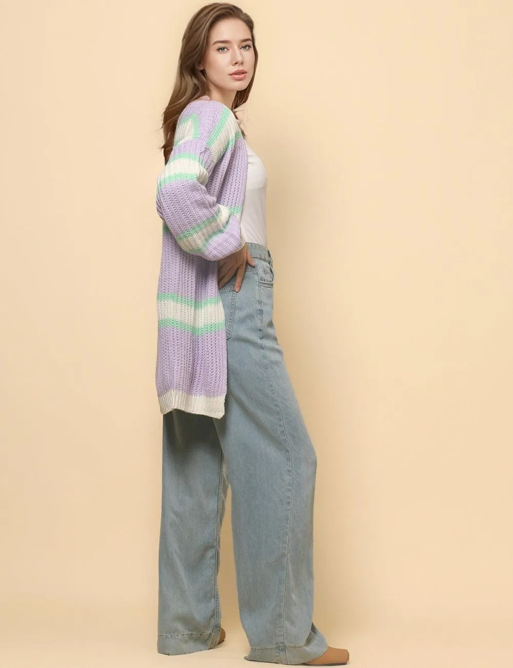 Ladies Macarons Color Stripe Open Front Cardigan SKT4774