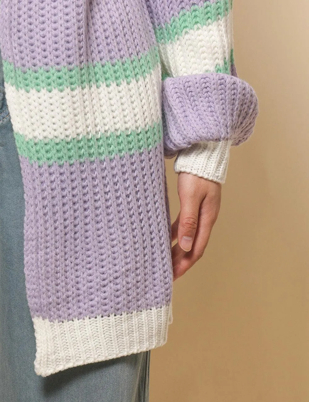 Ladies Macarons Color Stripe Open Front Cardigan SKT4774