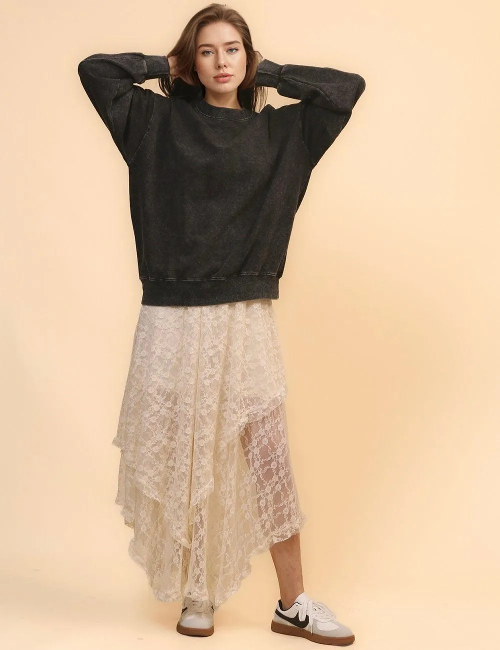 Ladies Round Neck Drop Shoulder Washed Sweatshirt SKT4652