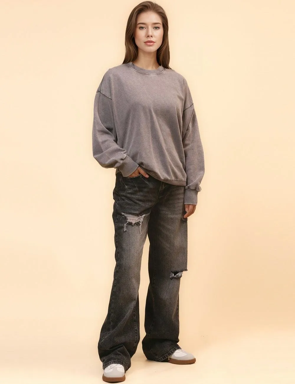 Ladies Round Neck Drop Shoulder Washed Sweatshirt SKT4652