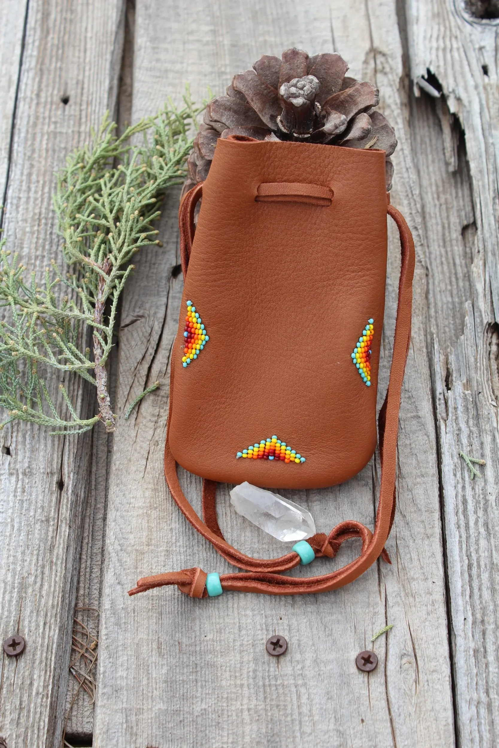 Leather medicine bag, beaded drawstring pouch