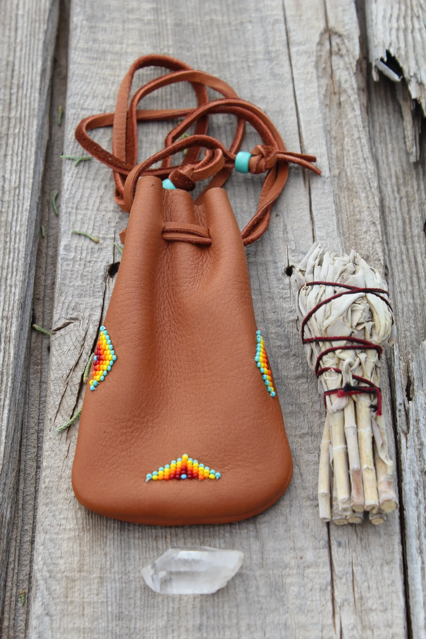 Leather medicine bag, beaded drawstring pouch