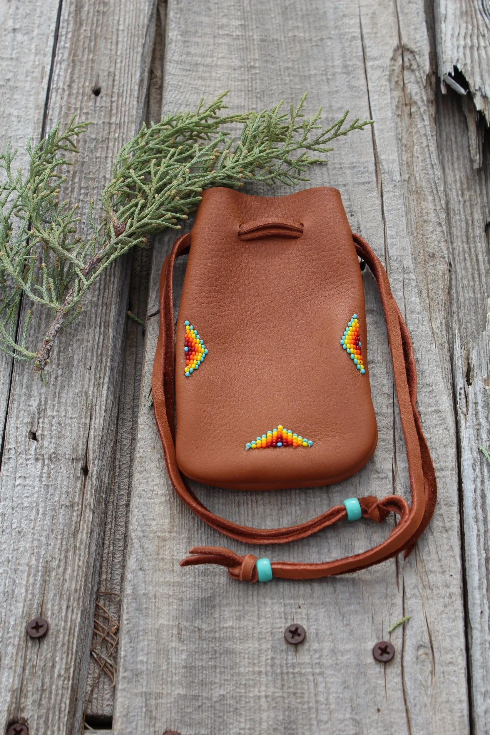 Leather medicine bag, beaded drawstring pouch