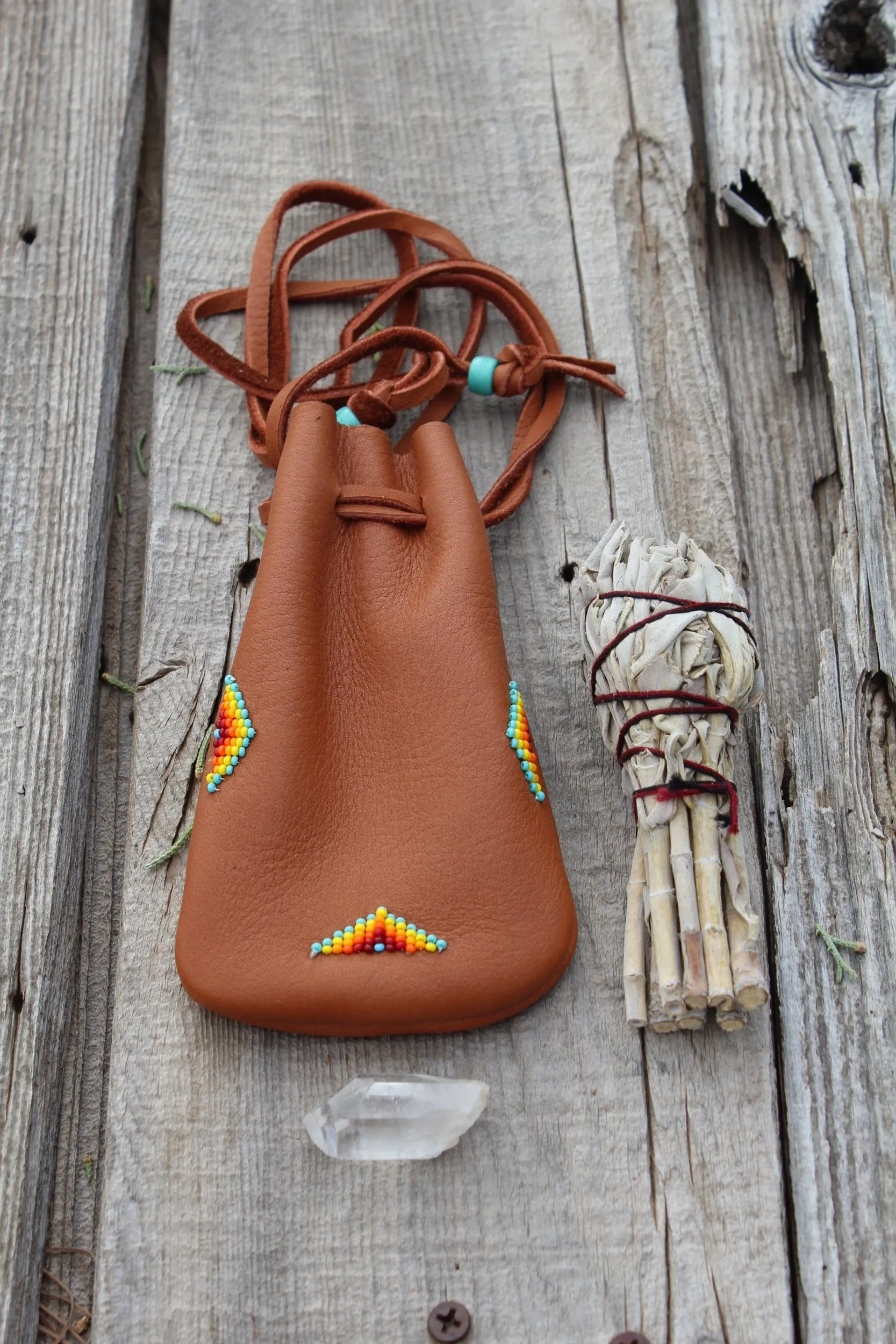 Leather medicine bag, beaded drawstring pouch