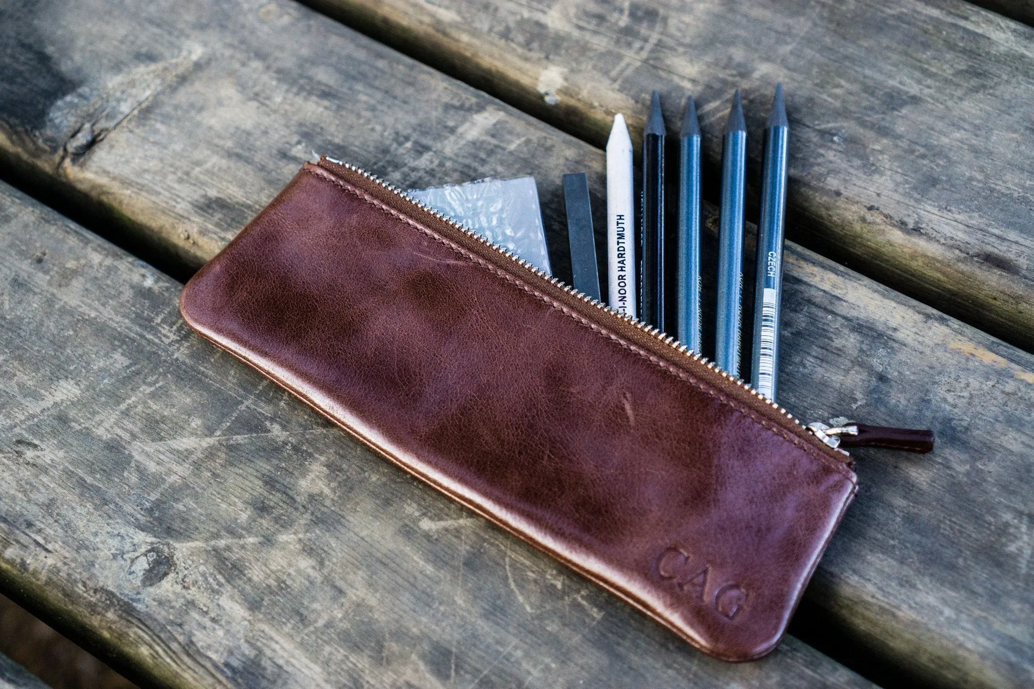 Leather Zippered Small Pencil Pouch/Cosmetic Case - Brown