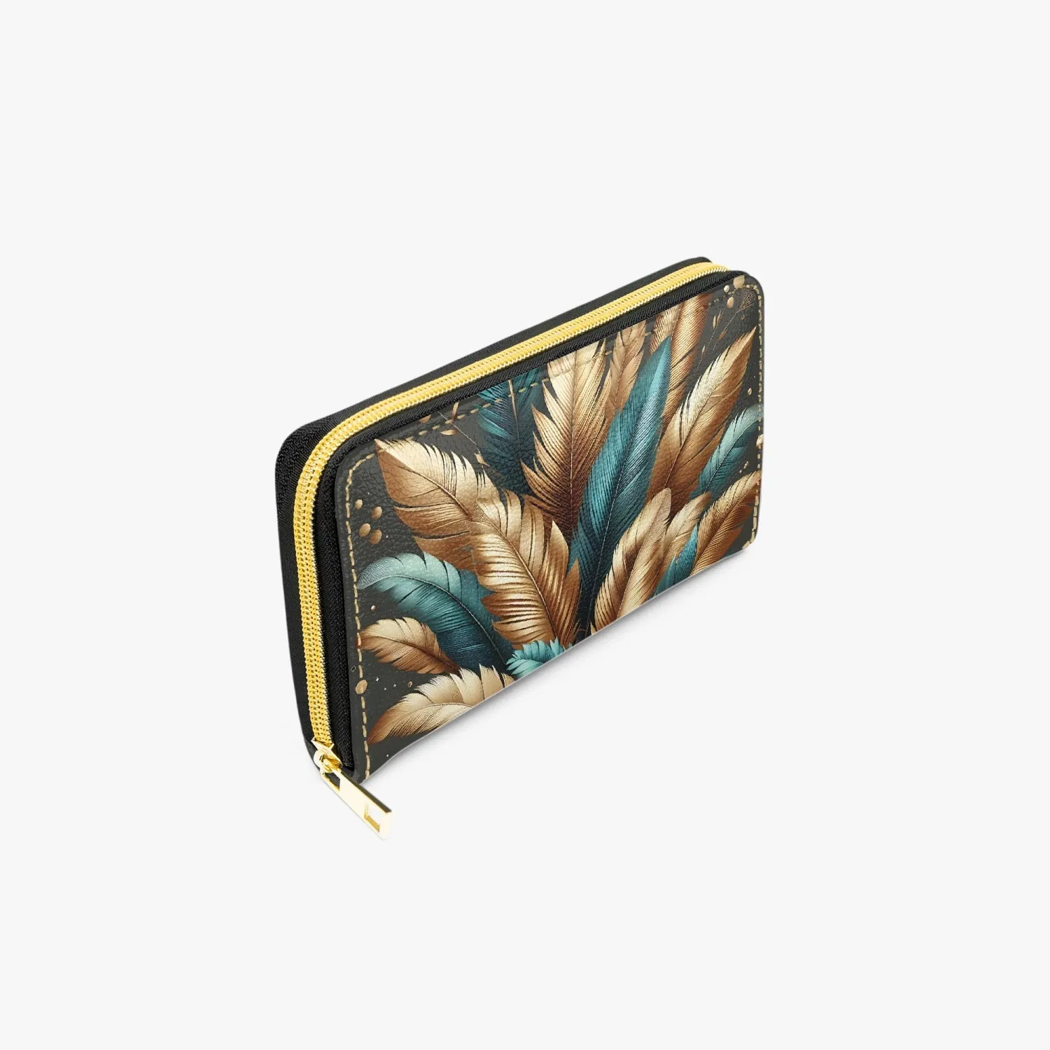 Long Type Zipper Purse, Green and Gold Leaves, awd-1308