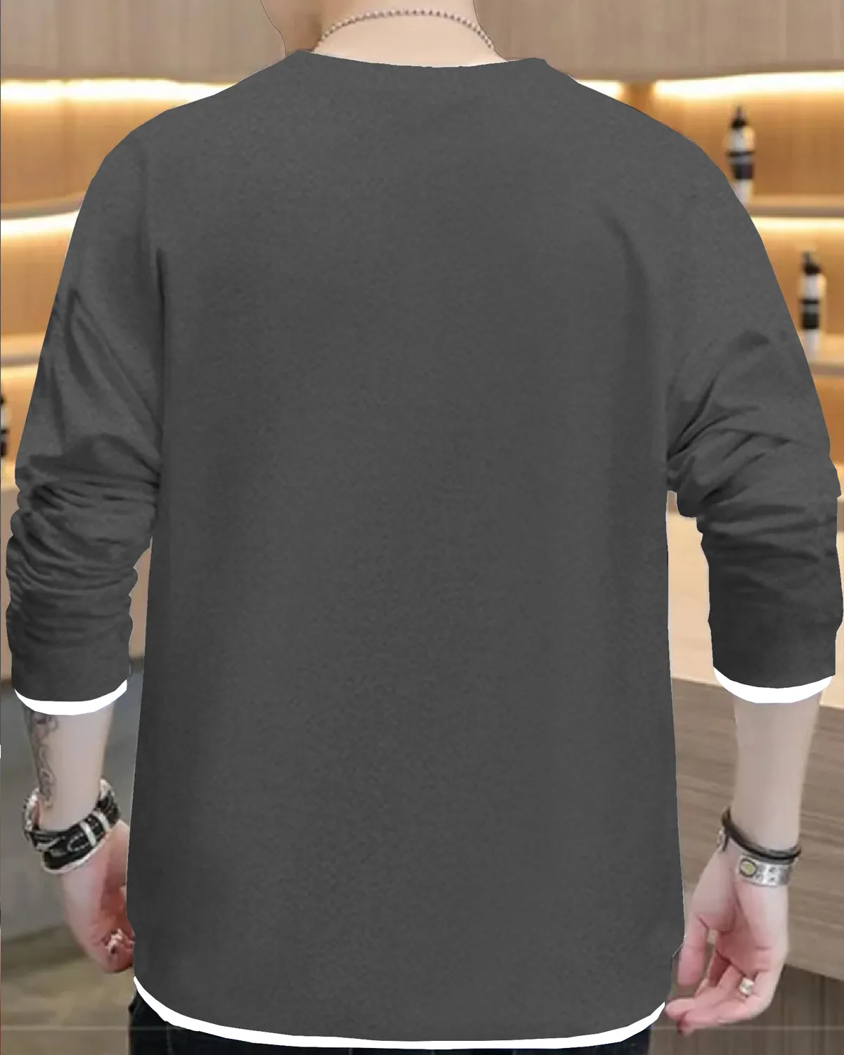 Men Dark Grey Plain Full Sleeve White Piping Round Neck T-Shirt