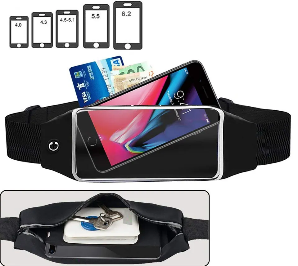 Mobile Waist Belt Pouch Zipper Smart Sports Running With Transparent Touch Screen Window   Headphone Eyehole   Sweat-proof   Adjustable Waist Size   Compatible With Most Of Mobile Phones