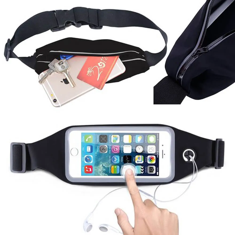 Mobile Waist Belt Pouch Zipper Smart Sports Running With Transparent Touch Screen Window   Headphone Eyehole   Sweat-proof   Adjustable Waist Size   Compatible With Most Of Mobile Phones