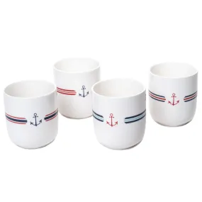 Nautical Stoneware Cup Set with Anchor & Stripes, Iced Tea Cups Water Juice Soda Beverages, Set of 4, 8 fl oz