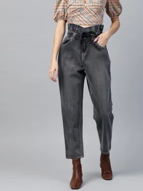 Navy Washed Paper Bag Waist Jeans