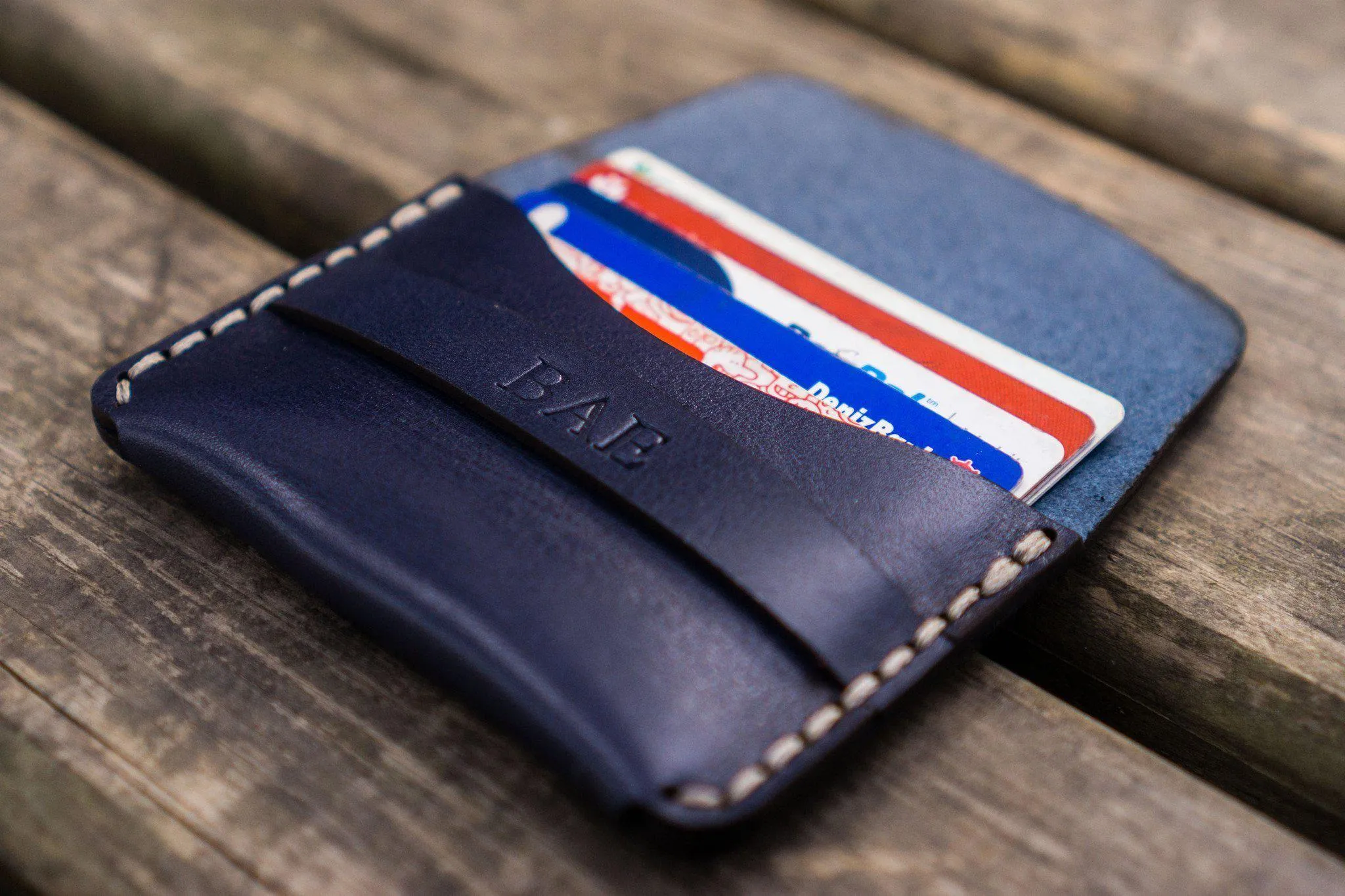 No.36 Personalized Basic Flap Handmade Leather Wallet - Navy Blue