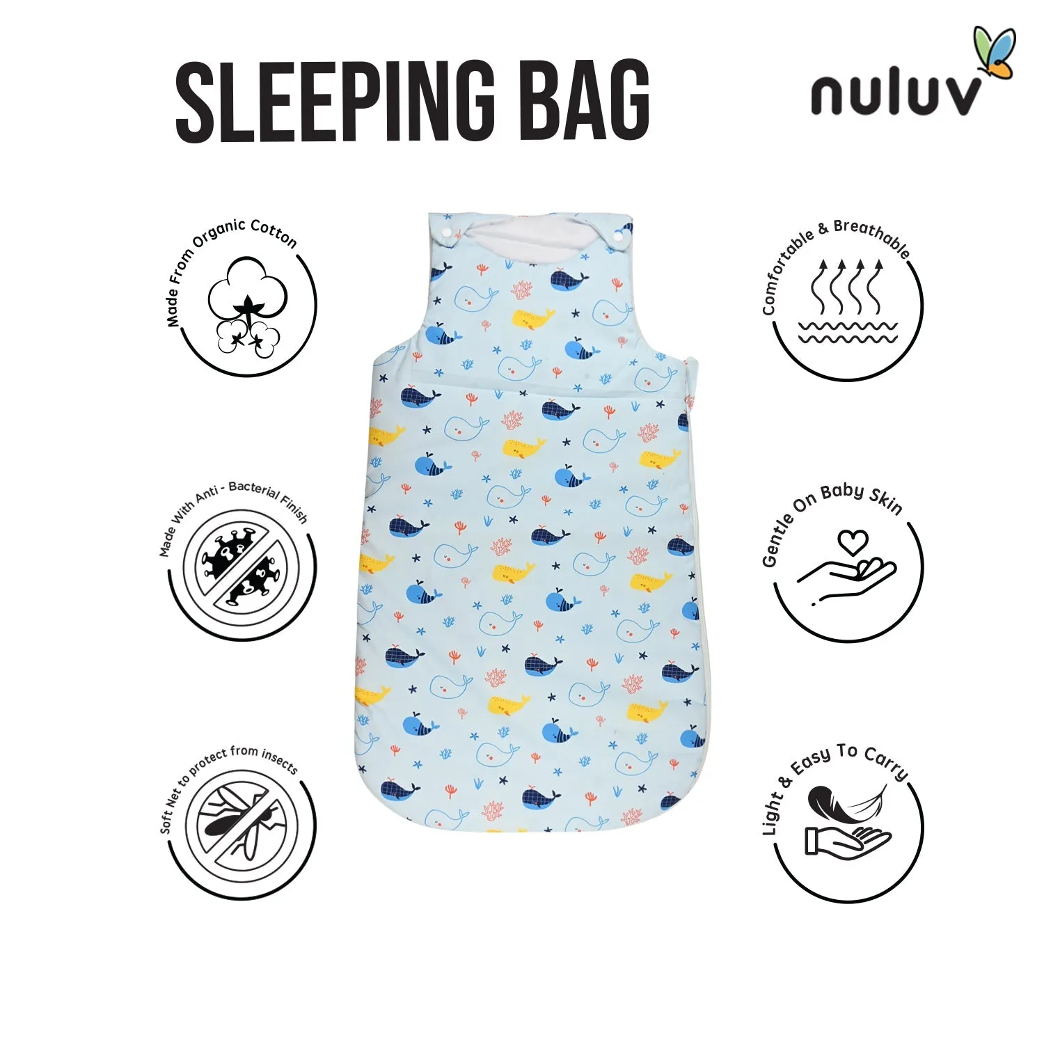 Nuluv Lt Blue Sleeping Bag 100 % Organic Cotton with Antimicrobial Finish