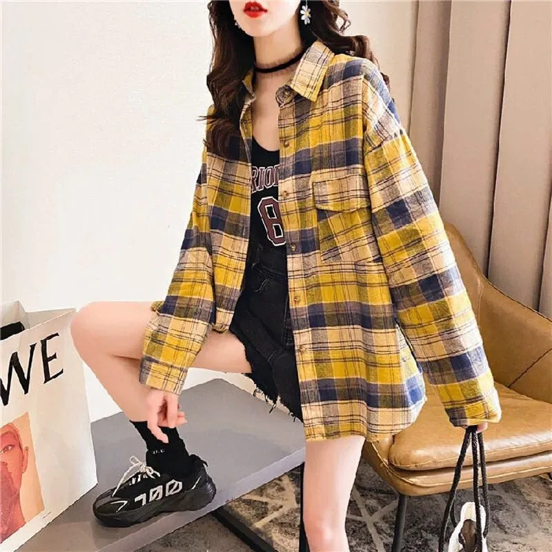 Plaid Women Shirt Spring Long Sleeve Korean Girls Blouse Casual Pink Cotton Turn Down Collar Streetwear Ladies Pocket Tops