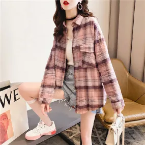 Plaid Women Shirt Spring Long Sleeve Korean Girls Blouse Casual Pink Cotton Turn Down Collar Streetwear Ladies Pocket Tops