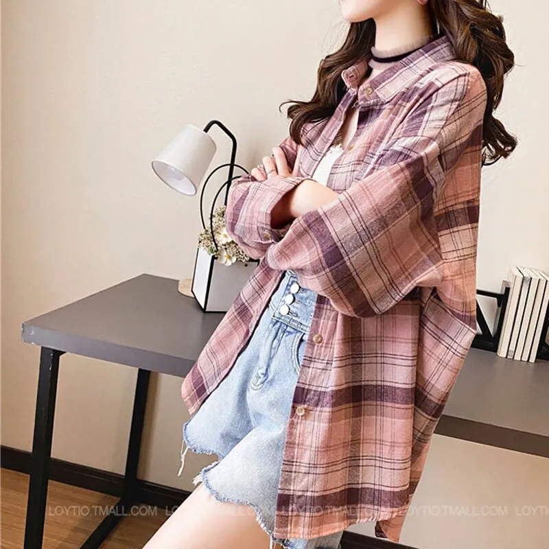 Plaid Women Shirt Spring Long Sleeve Korean Girls Blouse Casual Pink Cotton Turn Down Collar Streetwear Ladies Pocket Tops