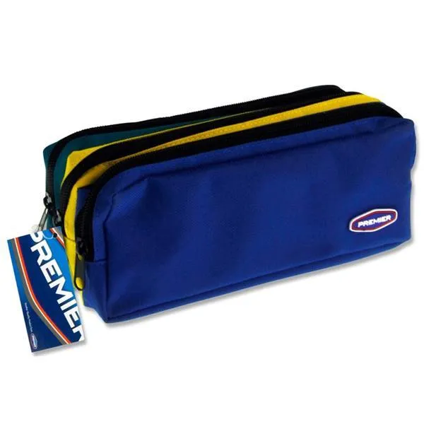 Premier 3 Pocket Zip Pencil Case - Blue, Yellow and Green