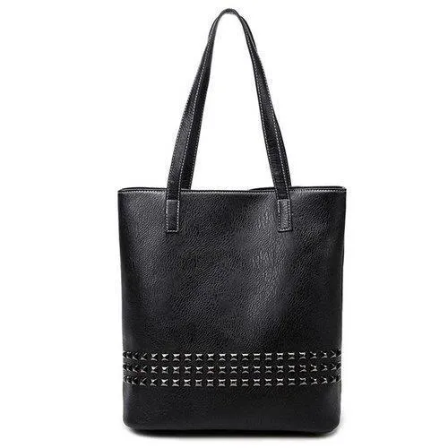 PU Leather Rivet Embellished Shoulder Bag - Black