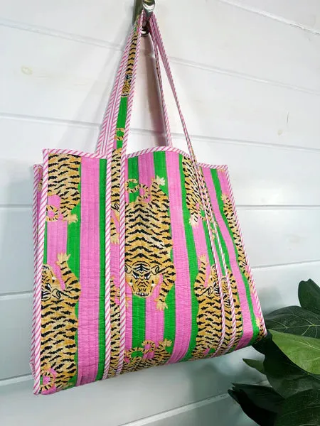 Quilted Tote Bag- Pink & Green Tiger