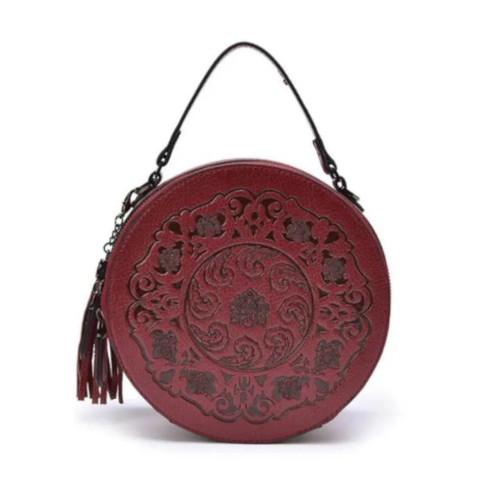 Red Leather Handbag Round Embossed