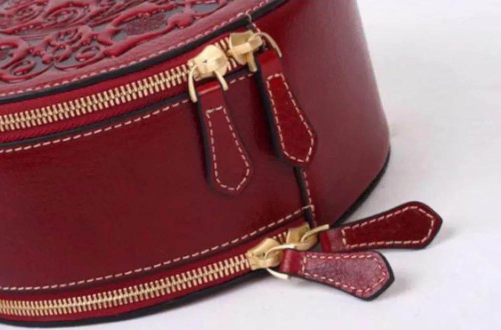 Red Leather Handbag Round Embossed