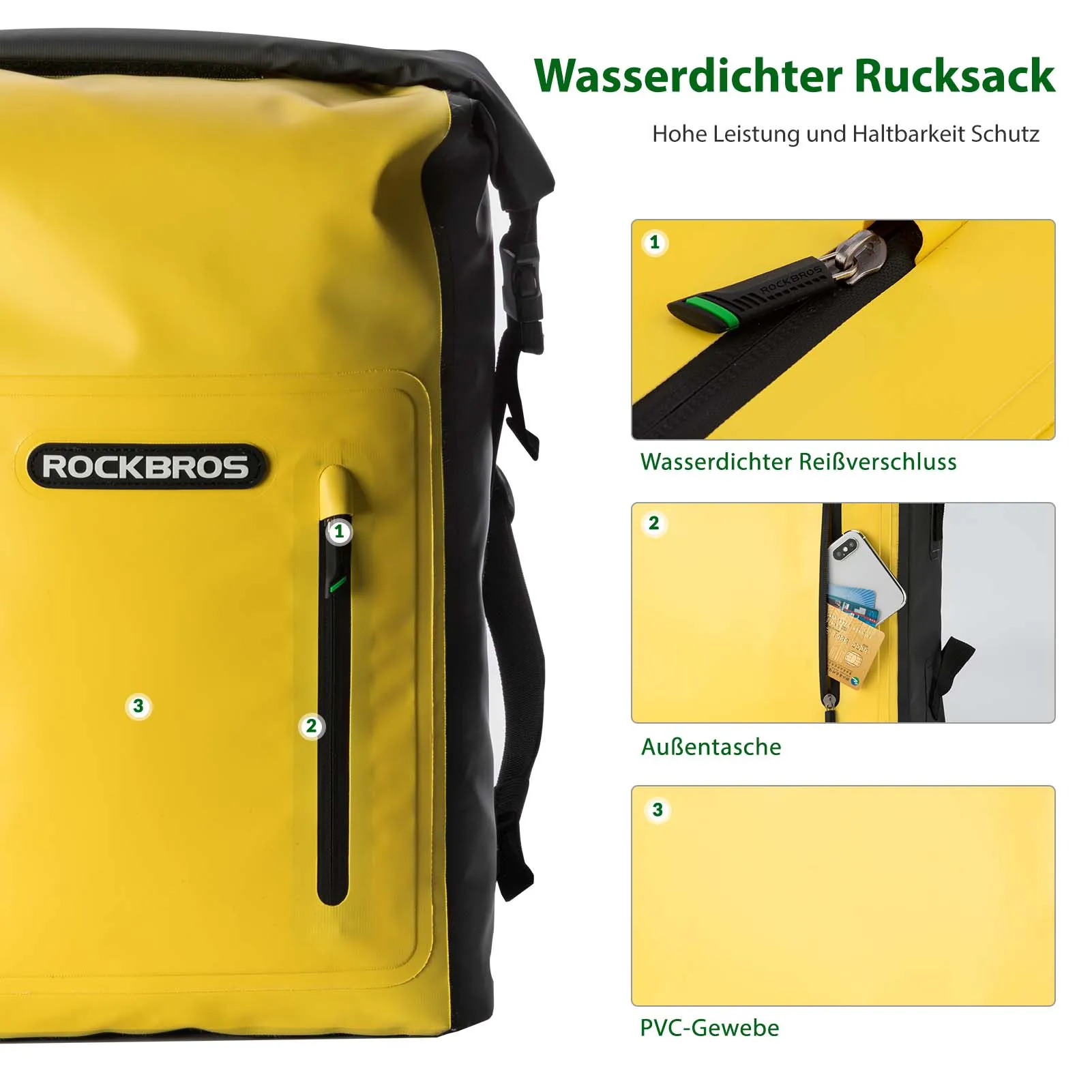 ROCKBROS Dry Bag wasserdicht Reiserucksack mit Vordertasche 20L