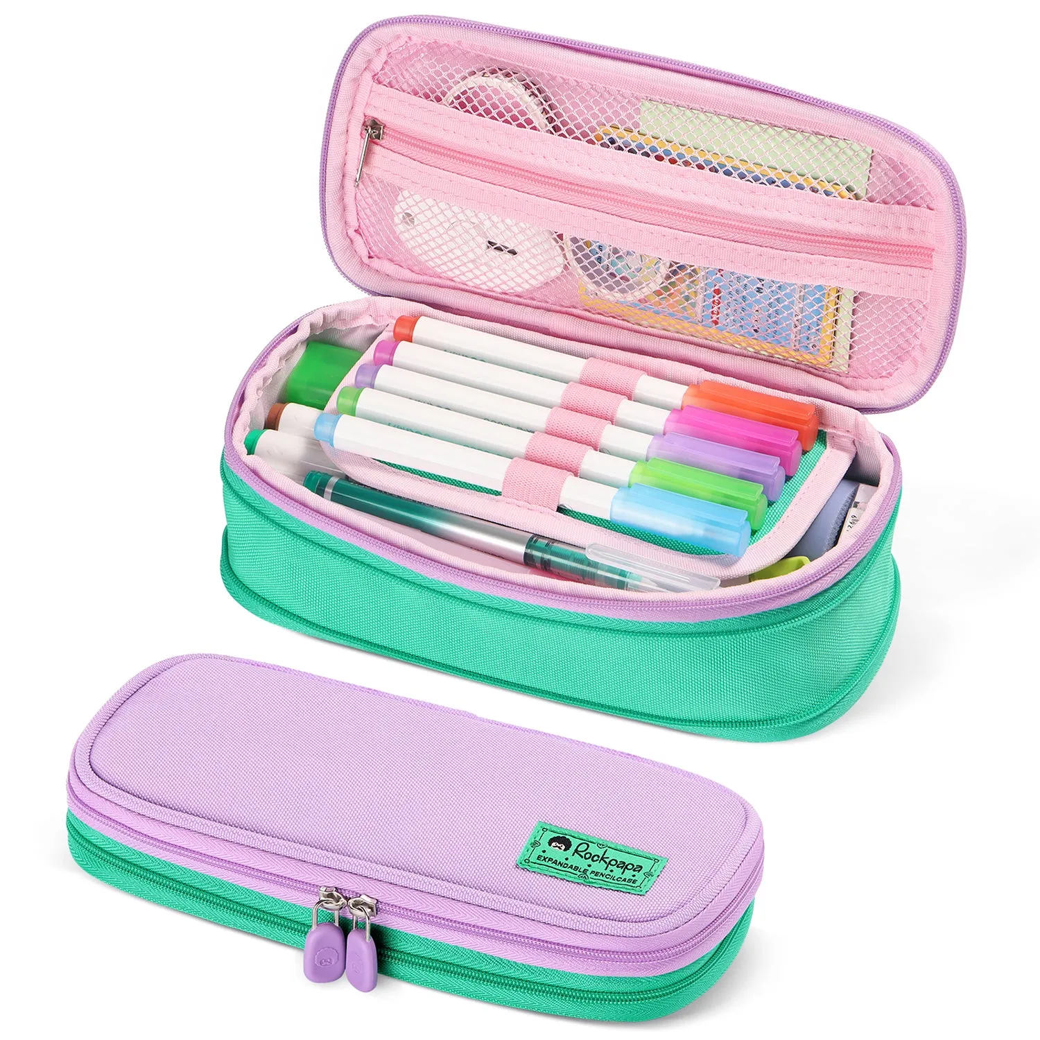 Rockpapa Expandable Cute Pencil Case for Girls, Aesthetic Pencil Case with Compartments, Pencil Pouch with Zipper for Kids, Pencil Box Bag Holder Organizer for School