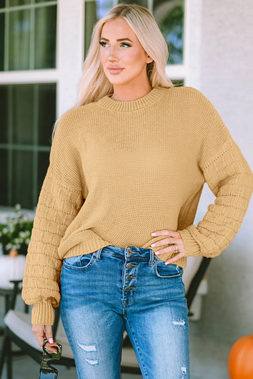 Round Neck Dropped Shoulder Waffle-Knit Sweater