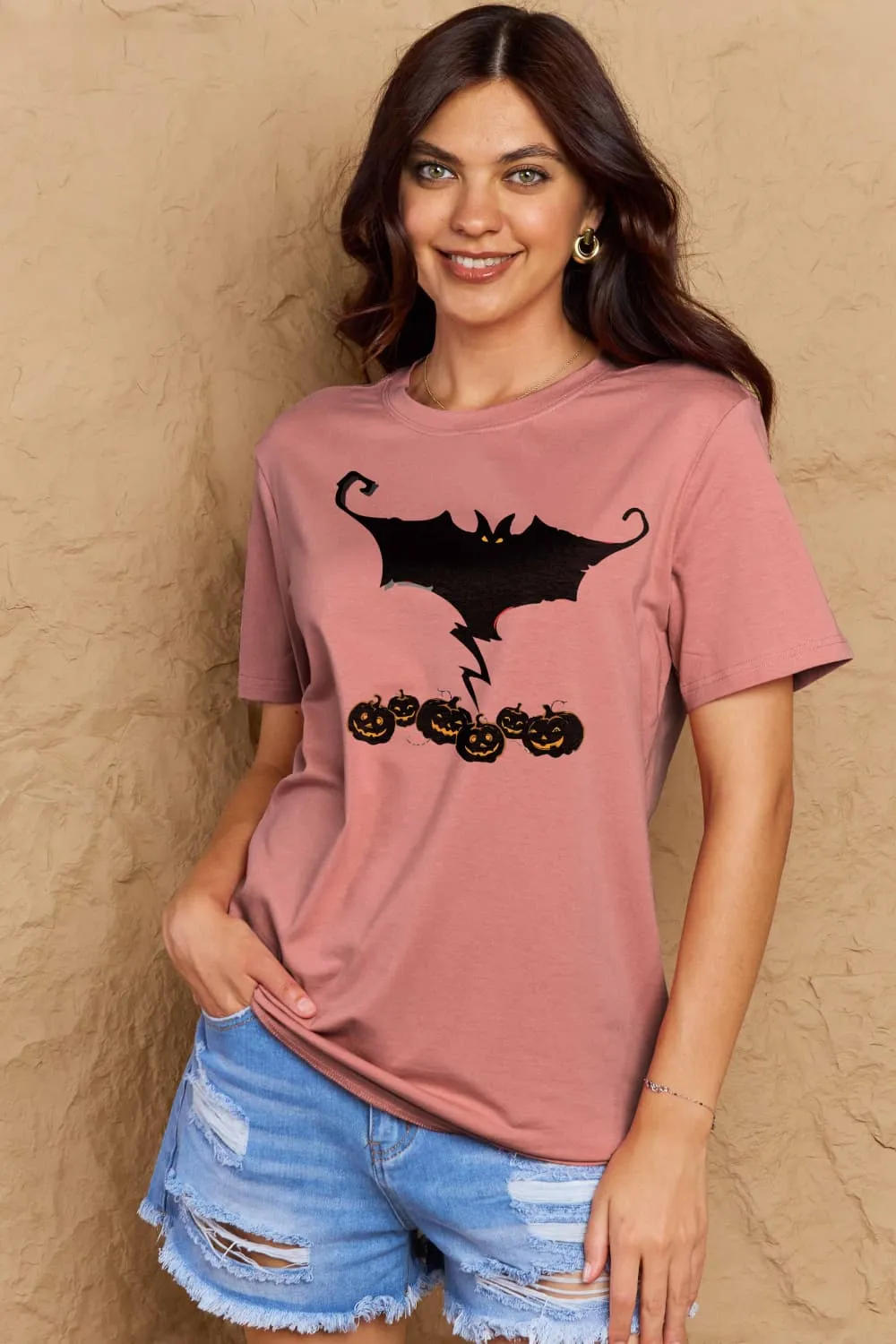 Simply Love Full Size Bat & Pumpkin Graphic Cotton T-Shirt