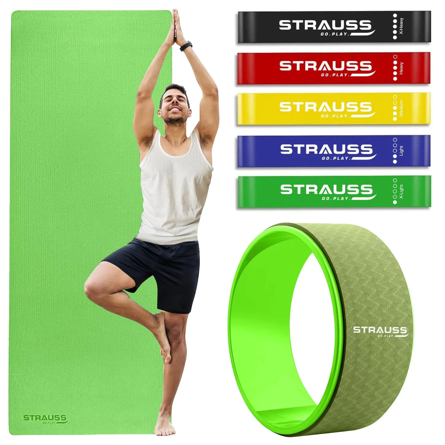 STRAUSS Yoga Combo Kit| 6mm Green EVA Yoga Mat| 5 Pack Multicolor Latex Resistance bands 12 inch Green Yoga Wheel, Ideal for Yoga & Training