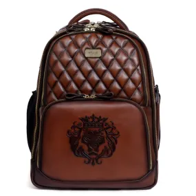 Super Functional Backpack Diamond Stitched Dark Brown Leather with Embossed Lion Logo by Brune & Bareskin