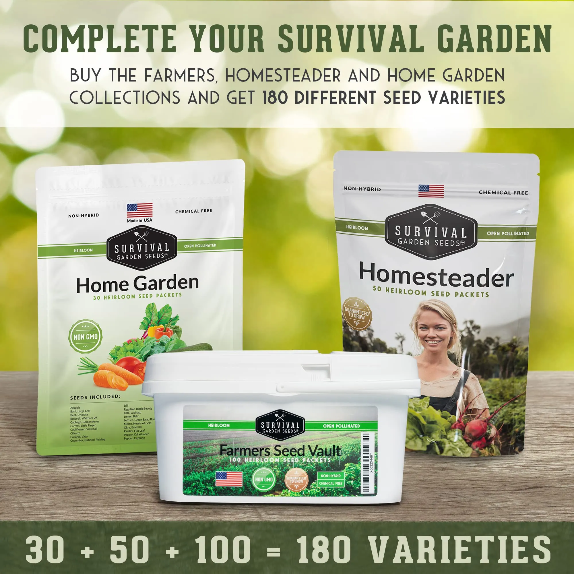 Survival Garden Heirloom Vegetable Seeds - Farmer 100 Pack Non-GMO Seed Varieties for Planting - Home Garden Vegetables, Fruits & Herbs - Plant & Grow Food Stores - Emergency Preparedness Gear