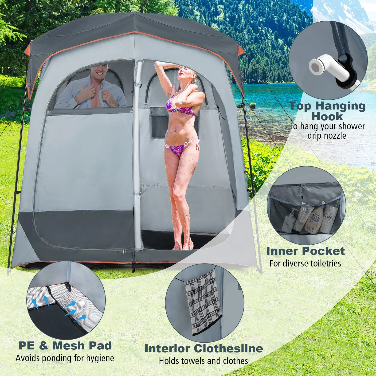 Tangkula Double Room Shower Tent, Oversize Space Privacy Tent with Floor