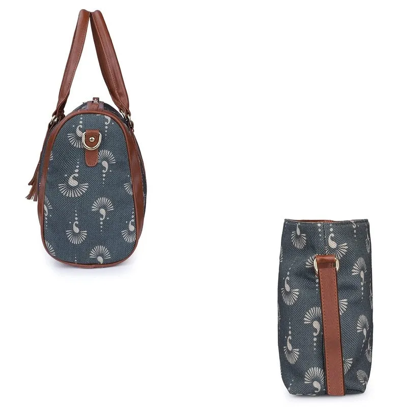 The Clownfish Combo of Lorna Printed Handicraft Fabric Handbag and Aahna Polyester Crossbody Sling bag for Women (Slate Grey)