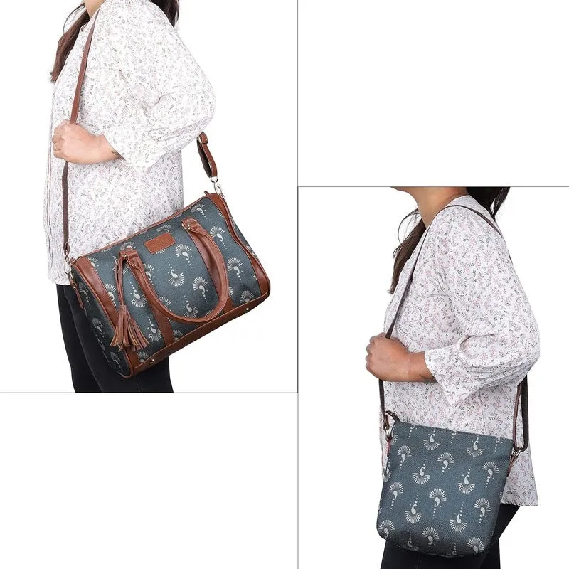 The Clownfish Combo of Lorna Printed Handicraft Fabric Handbag and Aahna Polyester Crossbody Sling bag for Women (Slate Grey)