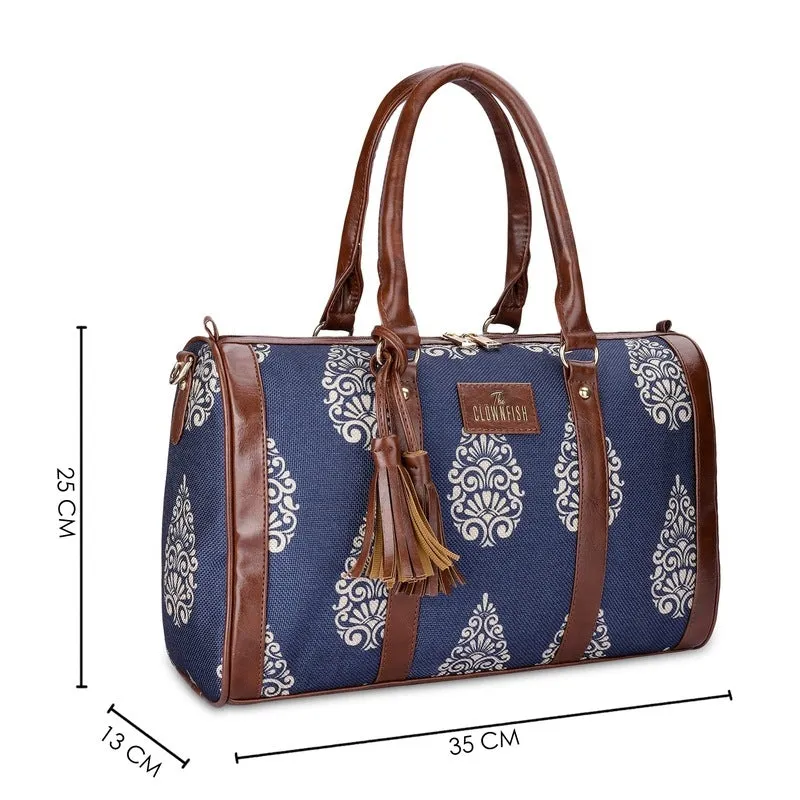 THE CLOWNFISH Lorna Printed Handicraft Fabric & Faux Leather Handbag Sling Bag for Women Office Bag Ladies Shoulder Bag Tote For Women College Girls (Navy Blue-Design)