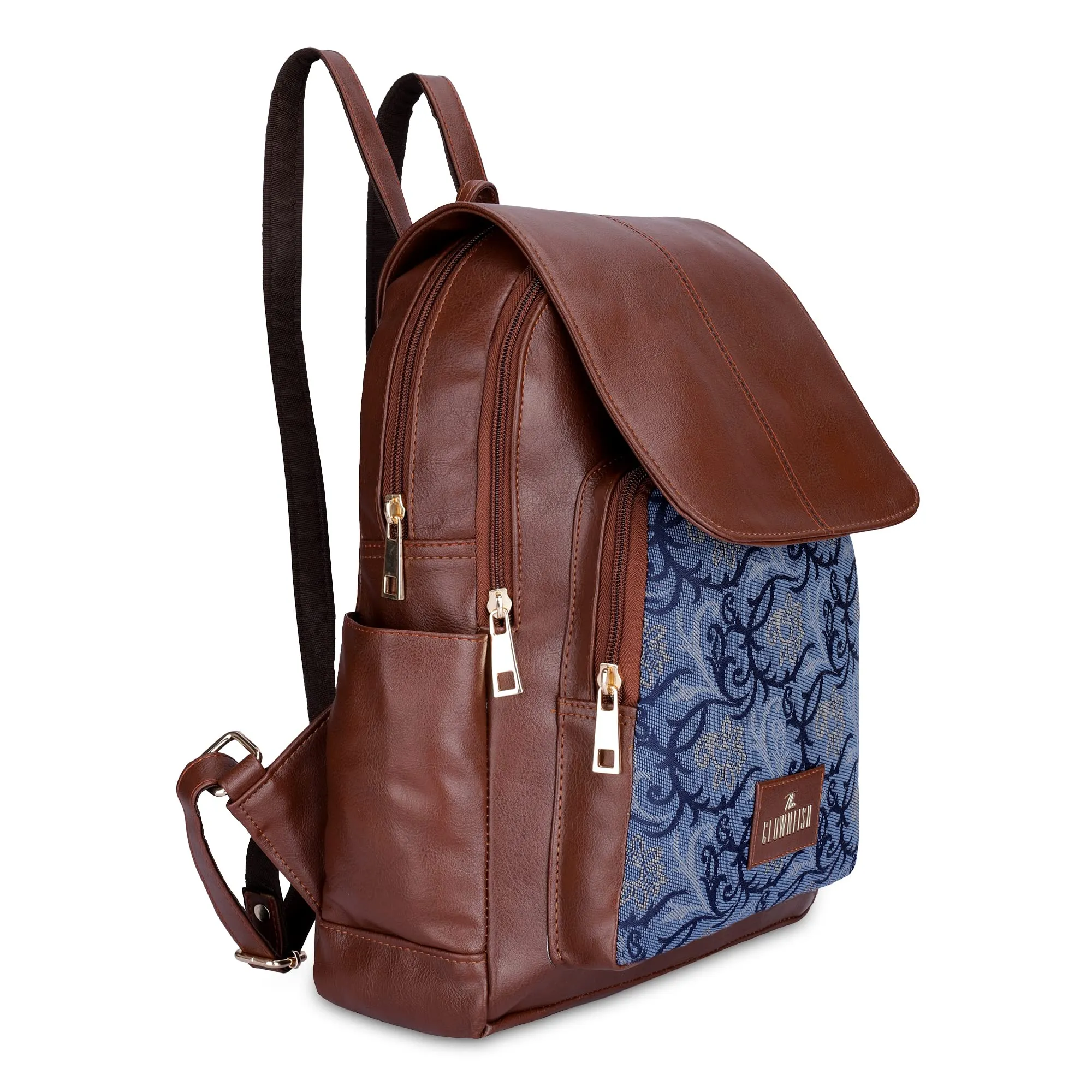 THE CLOWNFISH Medium Size Minerva Faux Leather & Tapestry Women's Standard Backpack College School Bag Casual Travel Standard Backpack For Ladies Girls (Blue- Floral), 10 Litre