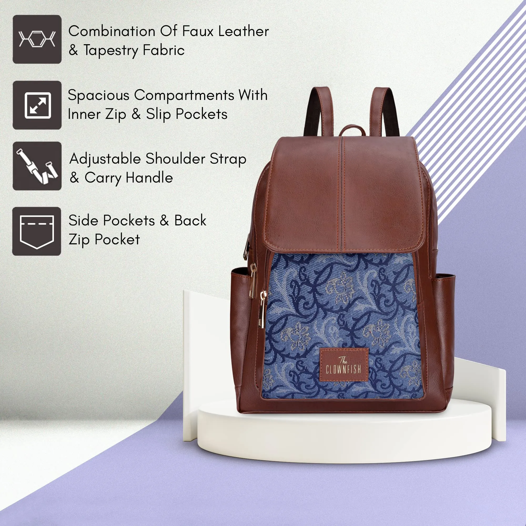 THE CLOWNFISH Medium Size Minerva Faux Leather & Tapestry Women's Standard Backpack College School Bag Casual Travel Standard Backpack For Ladies Girls (Blue- Floral), 10 Litre