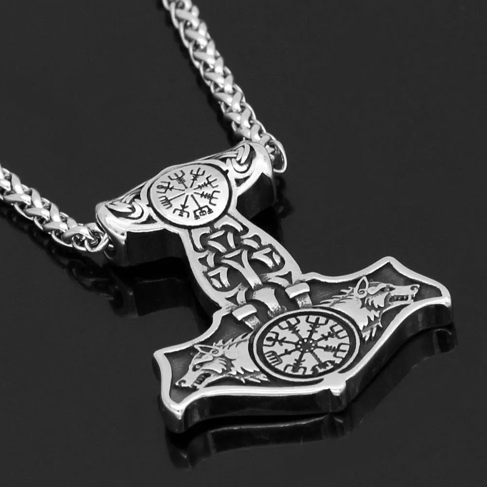 Thor's Hammer with Odin's Wolves - Stainless Steel