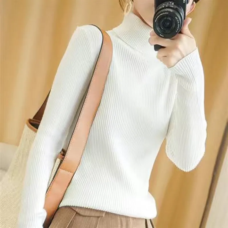 Turtelneck Sweater Autumn Women Long Sleeve Soft Knitted Jumper Elastic Fashion Chic Korean Ladies Basic Blouse