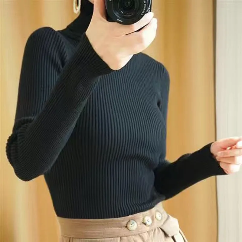 Turtelneck Sweater Autumn Women Long Sleeve Soft Knitted Jumper Elastic Fashion Chic Korean Ladies Basic Blouse