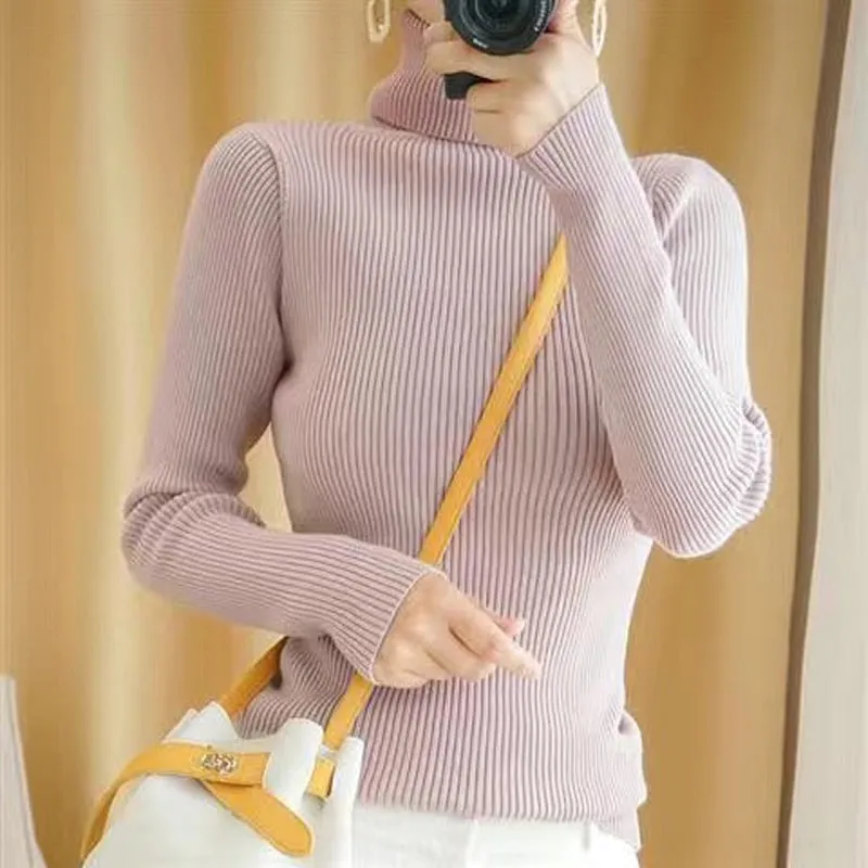 Turtelneck Sweater Autumn Women Long Sleeve Soft Knitted Jumper Elastic Fashion Chic Korean Ladies Basic Blouse