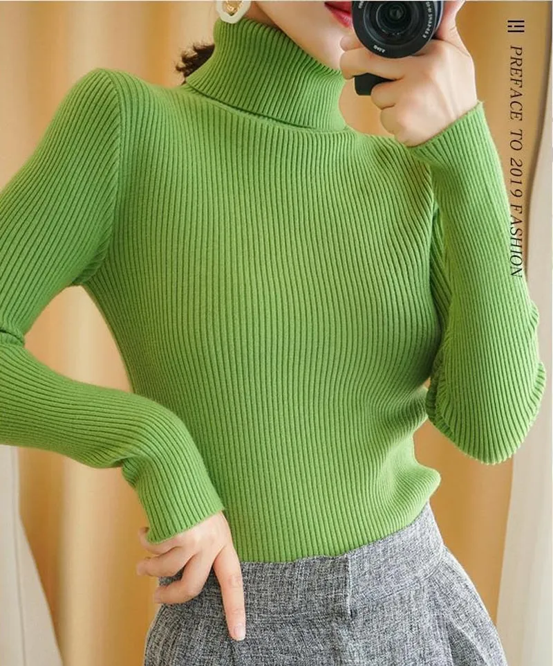 Turtelneck Sweater Autumn Women Long Sleeve Soft Knitted Jumper Elastic Fashion Chic Korean Ladies Basic Blouse