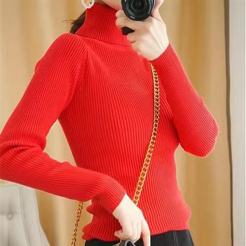 Turtelneck Sweater Autumn Women Long Sleeve Soft Knitted Jumper Elastic Fashion Chic Korean Ladies Basic Blouse