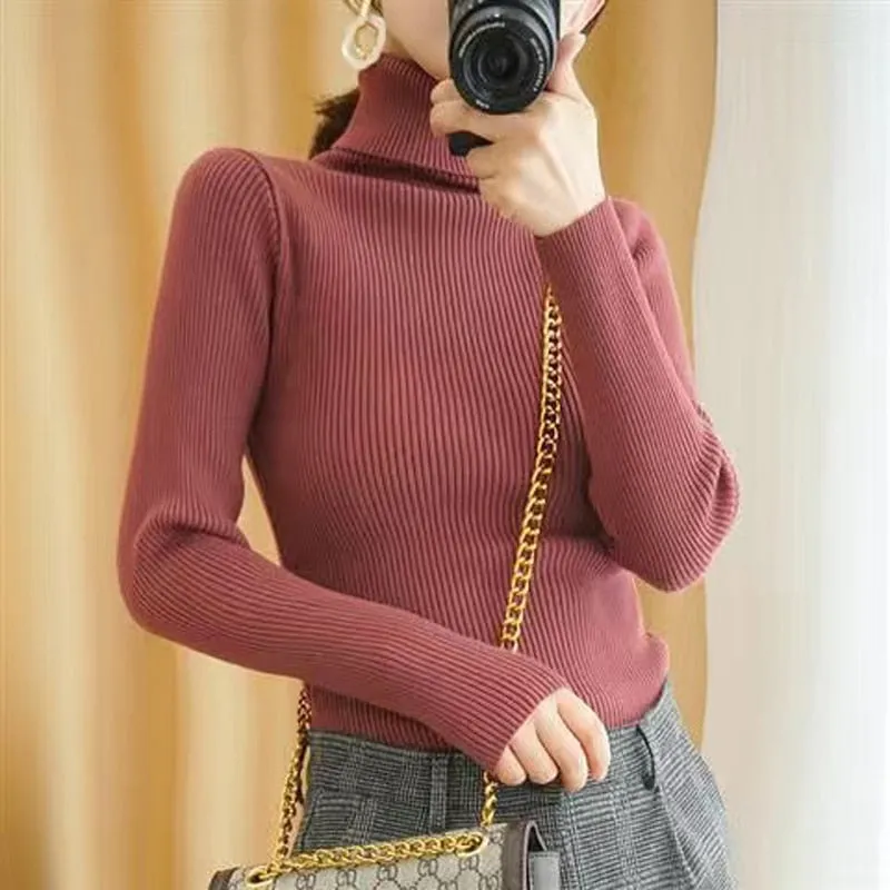 Turtelneck Sweater Autumn Women Long Sleeve Soft Knitted Jumper Elastic Fashion Chic Korean Ladies Basic Blouse