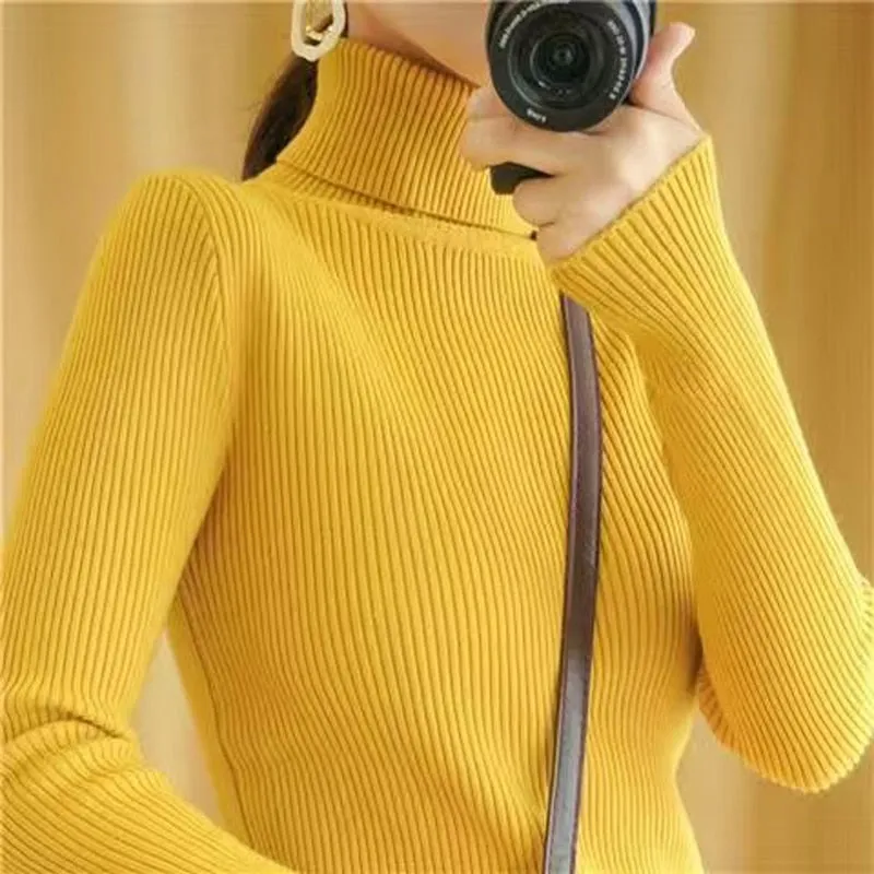 Turtelneck Sweater Autumn Women Long Sleeve Soft Knitted Jumper Elastic Fashion Chic Korean Ladies Basic Blouse