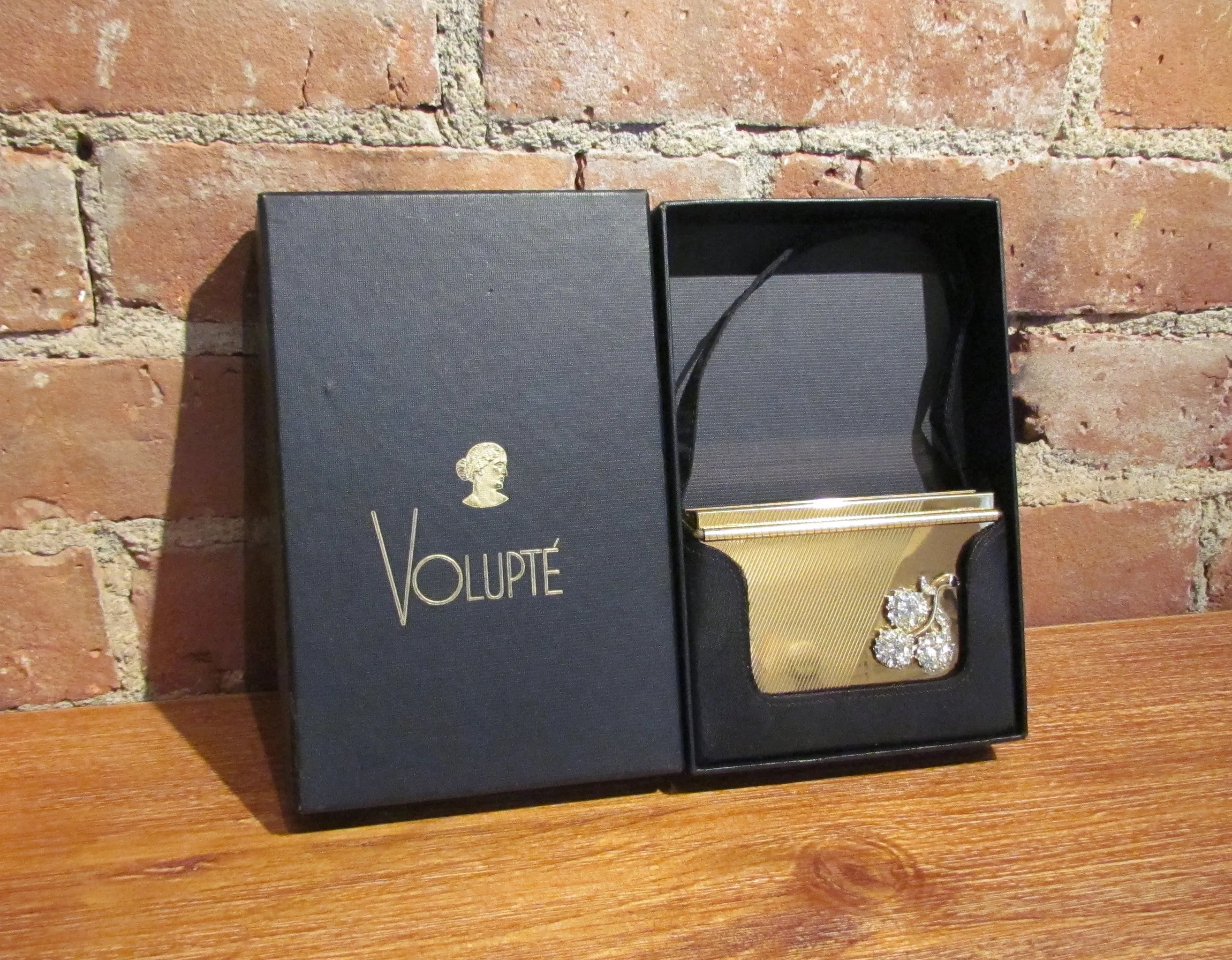 Volupte Purse & Cigarette Case 1950's Lip Lock Gold Rhinestone Moire Purse