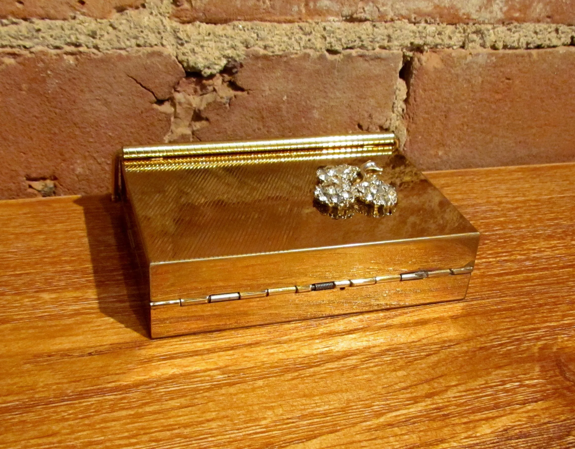 Volupte Purse & Cigarette Case 1950's Lip Lock Gold Rhinestone Moire Purse